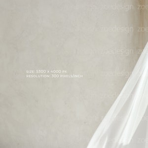 Pu&ograve; includere: Un tessuto bianco e trasparente drappeggiato su una parete testurizzata di colore grigio chiaro. Il tessuto &egrave; liscio e fluido, creando uno sfondo morbido ed elegante. Il testo "SIZE: 5300 x 4000 PX RESOLUTION: 300 PIXELS/INCH" &egrave; visibile nell'angolo in basso a sinistra dell'immagine.