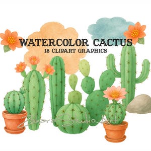 18 Watercolor cactus plants, clipart cactus, digital download, instant download, watercolor clipart, commercial use, cactus.