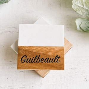 Personalized Last Name Marble Wood Coasters, Custom monogram coasters, house warming gift, Engraved coasters wedding shower gift