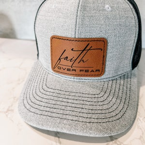 FAITH OVER FEAR Leather Patch Baseball Trucker Hat, Faith Hat for Men, Trucker Cap, Gifts for Men, Mesh Back Size Adjustable, Christian Hat