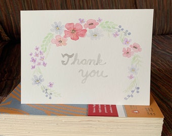 Hand-painted floral watercolor thank you card, handmade original card