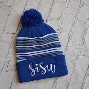 Sisu with a Heart Embroidered Beanie | Script Embroidery on Royal Blue with White and Gray Striped Cap | Finnish Love hat