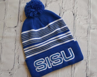 SISU in Royal Blue and White Block Lettering Embroidered on a Royal Blue with White and Gray Striped Beanie with Cuff