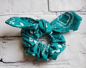 Scrunchie with Removable Ties Teal Bandana Fabric All Cotton