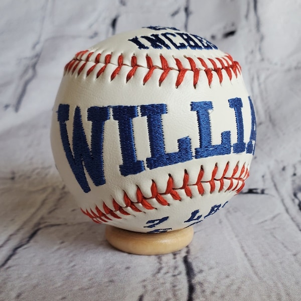 Newborn Birth Stats Embroidered Baseball with Stand