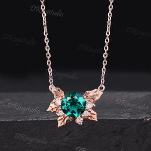 Nature Inspired Holly Leaves Necklace Delicate Round Cut Green Emerald Wedding Necklace Cluster Diamond May Birthstone Pendant Gift for Her