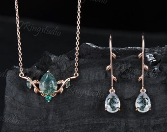 Moss Agate Necklace Earrings Jewelry Set Vintage Teardrop Natural Agate Necklace Rose Gold Leaf Vine Dangle Drops Emerald Bridesmaid Jewelry