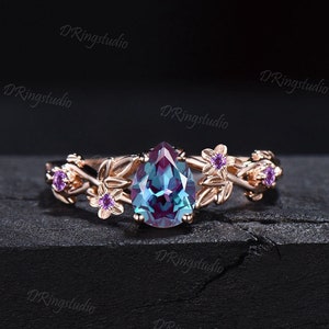 1.25ct Twig Vine Branch Nature Inspired Teardrop Alexandrite Engagement Ring Rose Flower Floral Amethyst Rings Unique June Birthstone Gifts