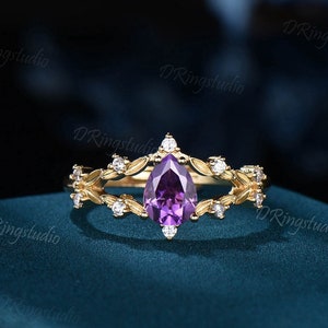 Nature Inspired Amethyst Engagement Rings Leaf Moissanite Ring February Birthstone Wedding Ring Twig Branch Pear Shaped Amethyst Bridal Ring