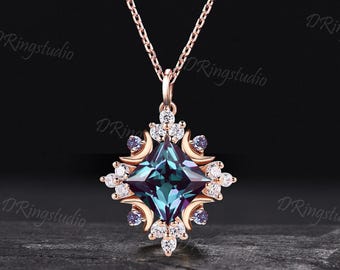 Unique Princess Cut Alexandrite Necklace Rose Gold Celestial Moon Charm Necklace Halo Moissanite Diamond Pendant Anniversary Gift for Women