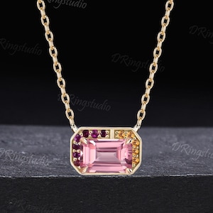 Delicate Emerald Cut Pink Sapphire Pendant Necklace Solid Yellow Gold Bezel Set Necklace Cluster Citrine Amethyst Wedding Pendant Women Gift