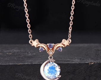 Moon Star Design Natural Moonstone Pendant Unique Round Natural Rainbow Moonstone Necklace Rose Gold Alexandrite Necklace Promise Women Gift