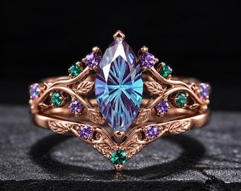 Nature Inspired Fireworks Cut Marquise Alexandrite Engagement Ring 14K Rose Gold V shape Wedding Ring Amethyst Emerald Leaf Vine Bridal Ring