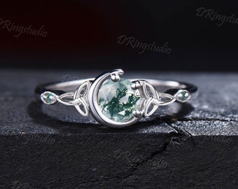 Celestial Moon Moss Agate Wedding Ring Unique White Gold Celtic Knot Ring 5mm Round Natural Green Moss Ring Aquatic Agate Bridal Women Ring