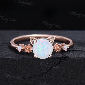 Cat Shaped Engagement Ring 1ct Round White Opal Wedding Ring Rose Flower Opal Moissanite Bridal Ring October Birthstone Jewelry Promise Gift