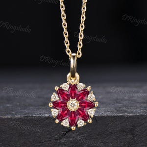 14k Solid Gold Red Ruby Charm Necklace Natural Diamond Cluster Wedding Pendant Circle Floral Necklace July Birthstone Bridal Women Jewelry