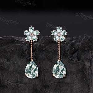 Teardrop Moss Agate Drop Earrings 14k Rose Gold Cluster Green Moss Earrings Floral Wedding Necklace Bridal Dangle Earrings Bridesmaid Gift