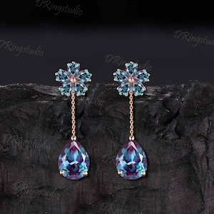 Floral Design Teardrop Alexandrite Earrings Dainty Gold Bridal Dangle Earrings Cluster Alexandrite Drop Earrings Bridesmaid Gifts for Her