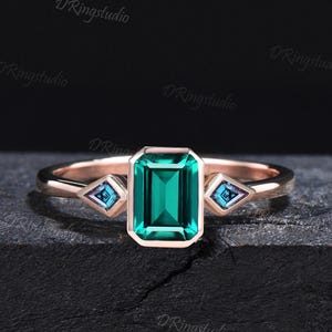 Vintage Bezel Set Emerald Wedding Ring 2ct Emerald Cut Emerald Alexandrite Engagement Ring Rose Gold May Birthstone Bridal Ring Promise Gift