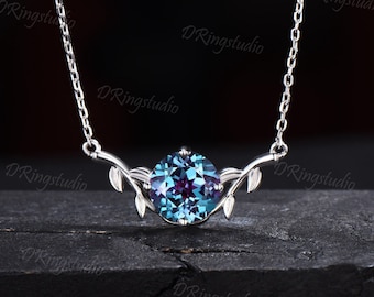 Vintage 8mm Round Alexandrite Necklace Nature Inspired Silver Alexandrite Solitaire Pendant Leaves June birthstone Jewelry Anniversary Gift