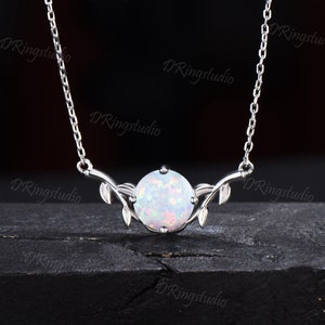 Collar vintage de ópalo de fuego blanco redondo de 2 quilates, colgante solitario de ópalo inspirado en la naturaleza, hojas de plata, piedra natal de octubre, joyería, regalos de aniversario