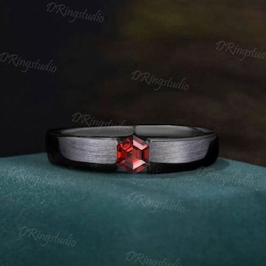 Black Gold Matte Wedding Band 4mm Hexagon Cut Ruby Mens Engagement Band Black Brushed Band Ring July Birthstone Solitaire Band Proposal Gift