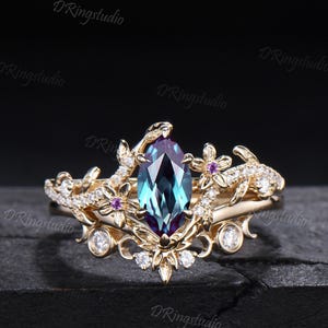 Solid 14k Yellow Gold Alexandrite Engagement Ring Set Floral Diamond Moissanite Wedding Ring Gold Branch Leaf Bridal Ring Set Proposal Gift