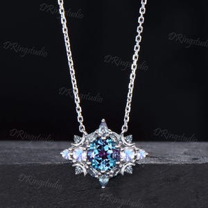 Celestial Moon Round Cut Alexandrite Necklace Cluster Moonstone Charm Necklace 14k White Gold June Birthstone Pendant Anniversary Women Gift