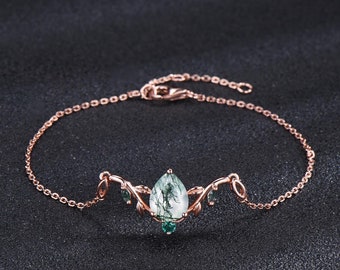 Rose Gold Branch Leaf Bracelet Nature Inspired Wedding Bracelet Pear Shaped Natural Moss Agate Bracelet Boho Bridal Jewelry Proposal Gift