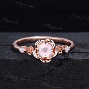 5mm Round Natural Rose Quartz Ring Rose Engagement Rings Pink Crystal Ring Valentine&#39;s Day Jewelry Gift for Couple Opal Floral Wedding Ring