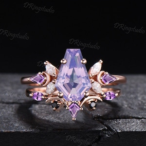 Lavender Amethyst Coffin Cut Wedding Ring Set Celestial Moon Engagement Ring Set Crystal Bridal Set with Moissanite Cluster Proposal Jewelry