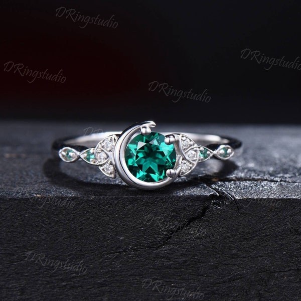 5mm Round Cut Emerald Engagement Ring Unique Celtic Knot Moissanite Ring Crescent Moon Green Emerald Wedding Ring May Birthstone Women Gifts