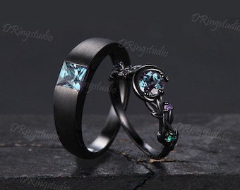 Alexandrite Couple Rings Set 5mm Princess Alexandrite Black Wedding Band Moon Star Round Alexandrite Ring Black Gold Engagement Couple Ring