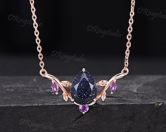 Teardrop Blue Sandstone Wedding Necklace Nature Inspired Amethyst Pendant Branch Leaf Galaxy Blue Goldstone Custom Birthstone Women Necklace