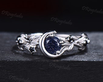 Nature Inspired Galaxy Blue Goldstone Engagement Ring Moon Star Design White Gold Round Blue Sandstone Branch Leaf Black Spinel Wedding Ring