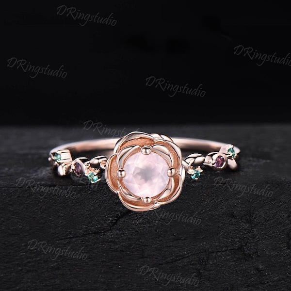 Vintage Round Natural Rose Quartz Engagement Ring Floral Wedding Ring 14k Rose Gold Pink Quartz Promise Ring Twist Twig Vine Ring for Women