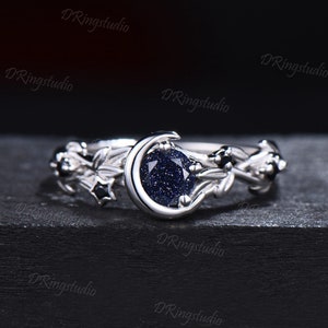 Nature Inspired Galaxy Blue Goldstone Engagement Ring Moon Star Design White Gold Round Blue Sandstone Branch Leaf Black Spinel Wedding Ring