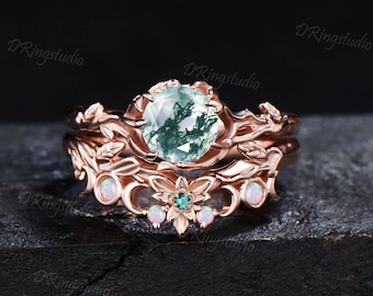 Nature Inspired Round Moss Agate Engagement Ring Leaf Texture Opal Ring 14k Rose Gold Moon Leaf Green Agate Bridal Ring Set Anniversary Gift