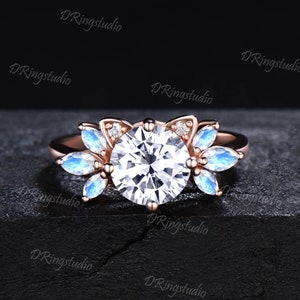 Moissaniet verlovingsring kat vintage 7 mm rond geslepen moissaniet ring cluster maansteen trouwring rose goud schattig kitten ring belofte cadeau