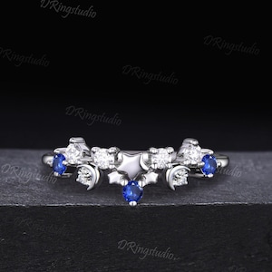 Celestial Blue Sapphire Curved Wedding Band  Sterling Silver Moon Star Matching Stacking Band Cluster Moissanite Promise Band Proposal Gift