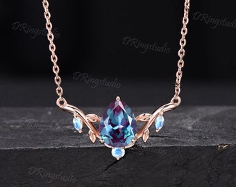 Nature Inspired Teardrop Alexandrite Necklace Rose Gold Branch Leaf Vine Bridal Necklace Unique Moonstone Pendant Anniversary Proposal Gift