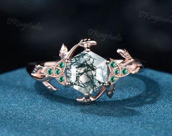 Hexagon Natural Moss Agate Engagement Ring Cluster Emerald Ring Celtic Knot Wedding Ring Rose Gold Branch Leaf Green Moss Ring Promise Gifts