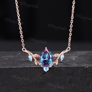 Nature Inspired Teardrop Alexandrite Necklace Rose Gold Branch Leaf Vine Bridal Necklace Unique Moonstone Pendant Anniversary Proposal Gift