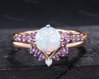 Vintage White Opal Verlobungsring Set Cluster Amethyst Ehering Art Deco Runde Form Feueropal Versprechen Ring Oktober Birthstone Schmuck