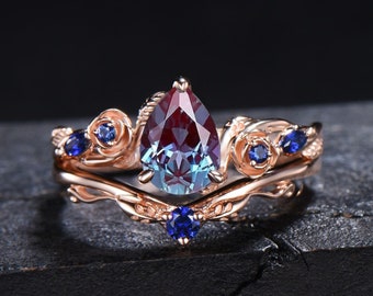 Rose Gold Floral Engagement Ring Pear Color-Change Alexandrite Wedding Ring Leaf Vine Blue Sapphire Bridal Set Birthstone Jewelry Women Gift