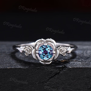 Rose Flower Alexandrite Engagement Rings Round Color-Change Alexandrite Ring 10K White Gold Nature Inspired Vintage Floral Opal Wedding Ring