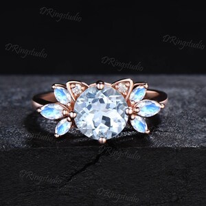 14k roségouden kattenring ronde aquamarijn verlovingsring unieke marquise maansteen trouwring geboortesteen maart voorstel cadeau voor kattenliefhebber