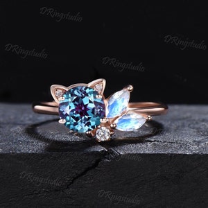 Kat ontwerp ronde alexandriet ring kitten alexandriet maansteen cluster trouwring gouden kat ring juni geboortesteen uniek cadeau voor dochter