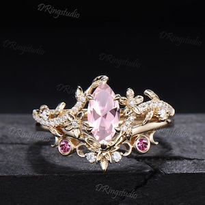 1CT Marquise Cut Pink Morganite Engagement Ring Set 14k Gold Twig Leaf Vine Ring Diamond Wedding Ring Flower Design Pink Crystal Bridal Set