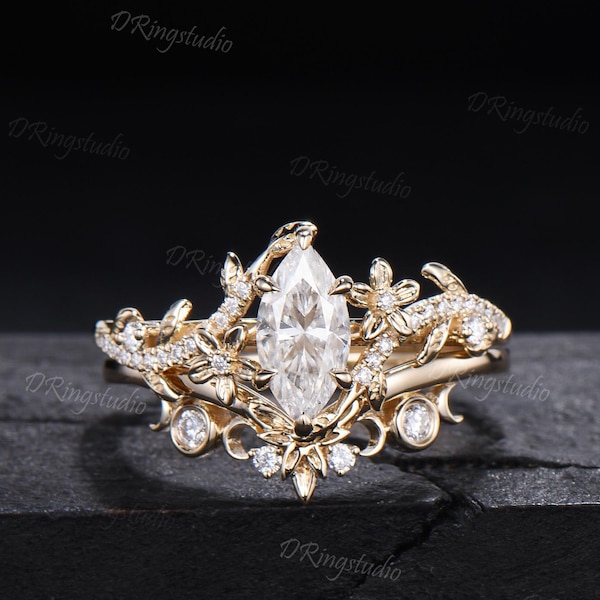 1CT Marquise Cut Moissanite Engagement Ring Solid Yellow Gold Twig Vine Bridal Set Nature Inspired Diamond Floral Wedding Ring Promise Gift